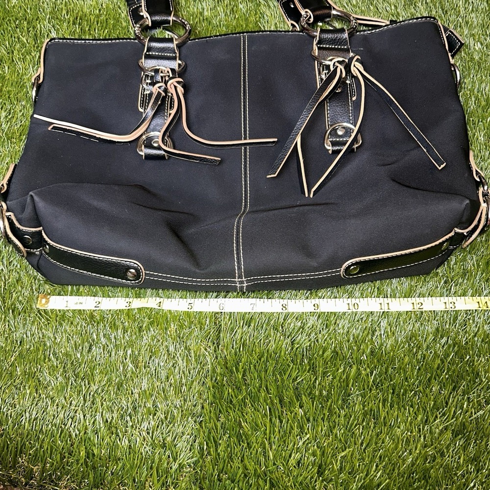 Franco Sarto Black Nylon‎ Satchel Handbag Silver Hardware Geometric Lining - Picture 5 of 10